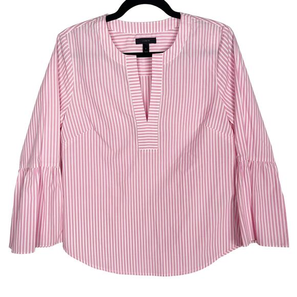 J Crew Womens Size 2 Pink White Bell 3/4 Sleeve Blouse Top Split V Neck Cotton - Picture 1 of 12